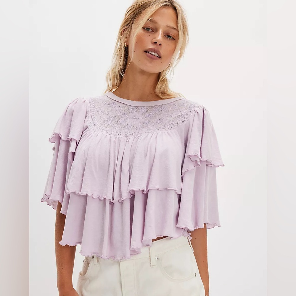 FREE PEOPLE Rose Party Embroidered Lace Top Tiered Ruffles NWT Lavender